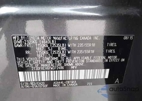 2015 Toyota Rav4 Limited from USA, damaged, VIN 2T3DFREV6FW372486